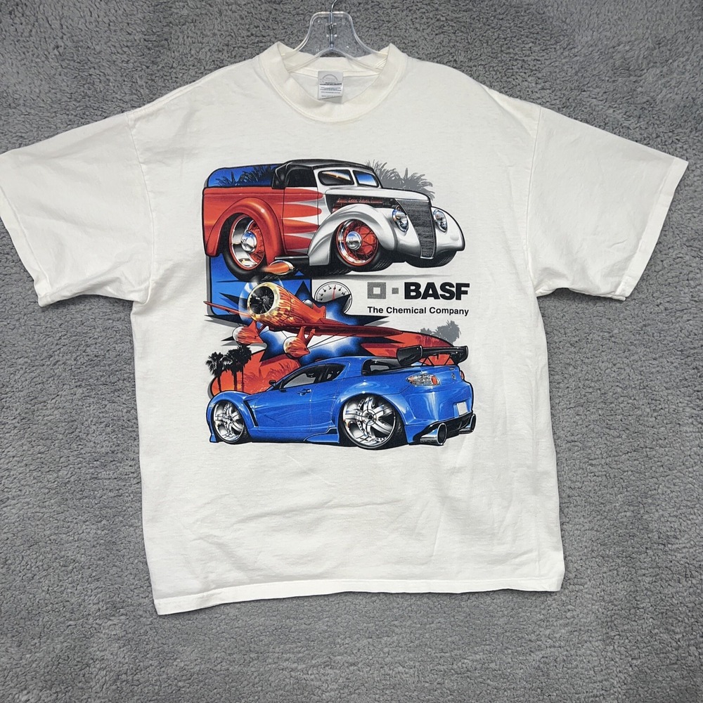 VTG BASF Hot Rod T Shirt Men's Size XL White Mazda Airplane Chemical Company